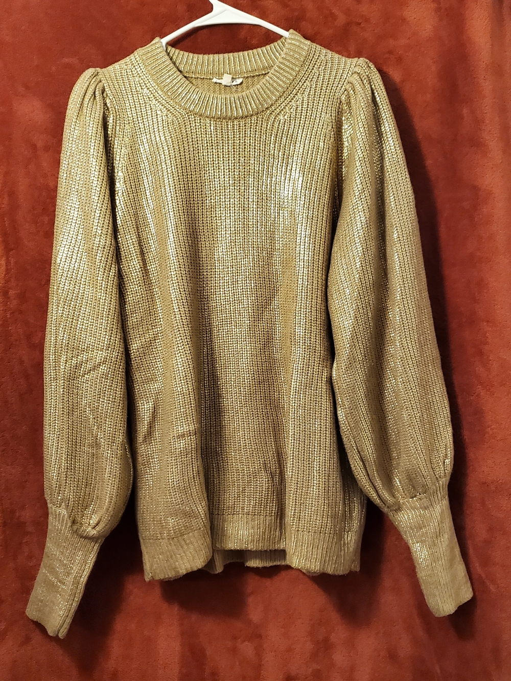 Metallic Gold Puff-Sleeve Crewneck Sweater